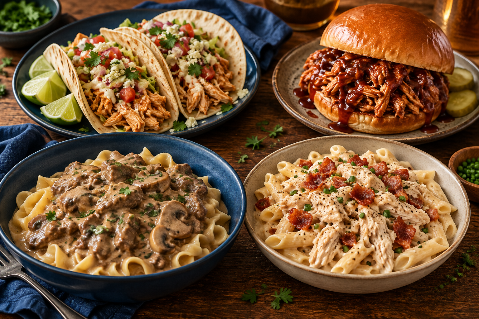 Creamy beef stroganoff with mushrooms and egg noodles shown with three other slow-cooker dinners