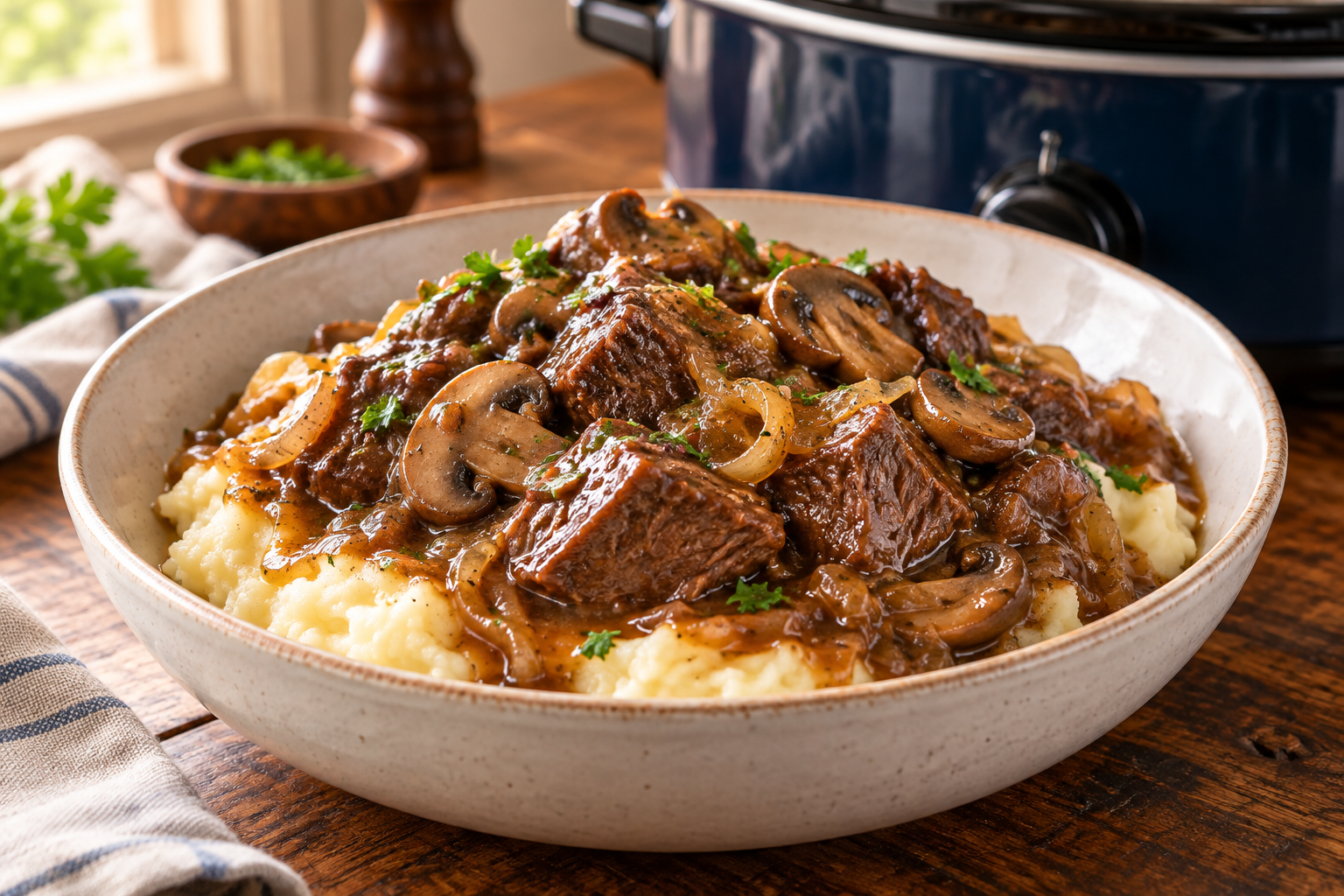 Tender sirloin steak smothered with mushroom and onion gravy over mashed potatoes