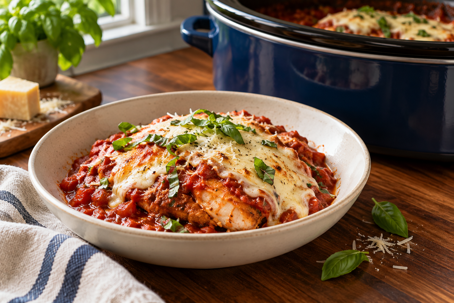 Slow cooker chicken parmigiana with marinara, melted cheese, Parmesan and basil