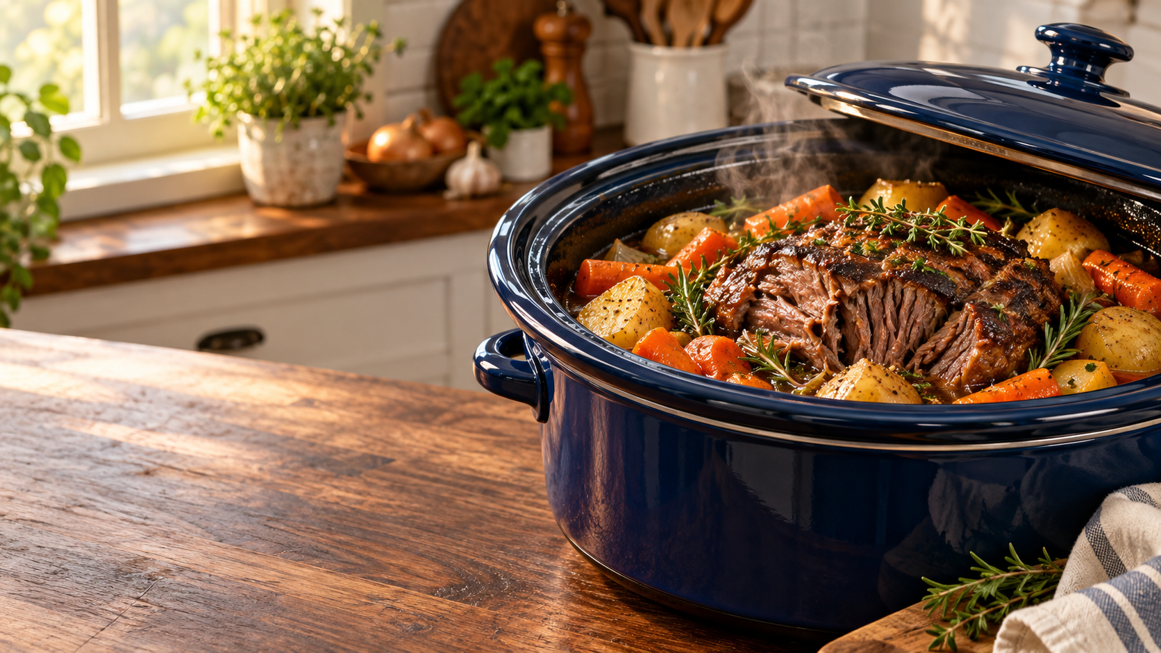 Pot roast with carrots and potatoes in a blue slow cooker